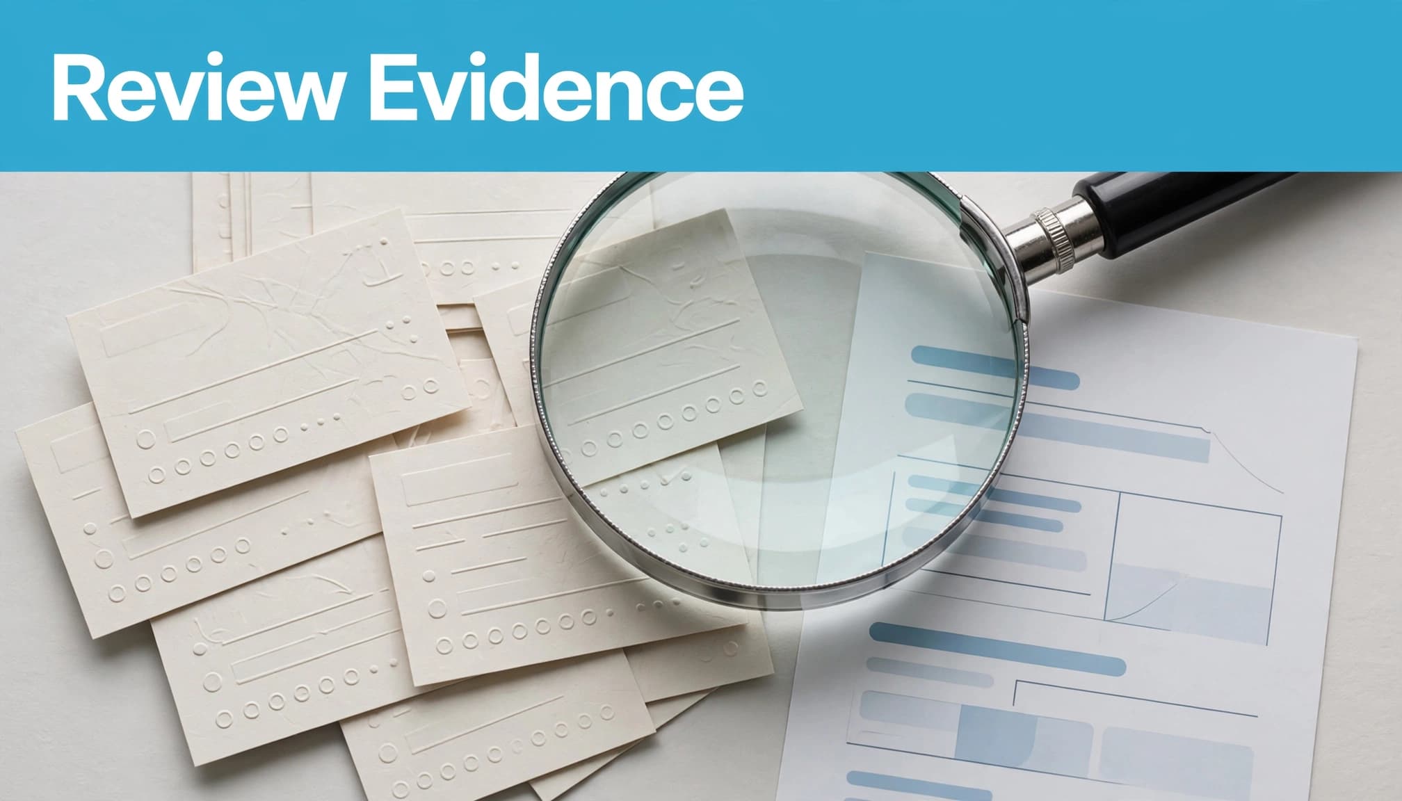 A magnifying glass covers review cards beside a response sheet under a blue headline band.