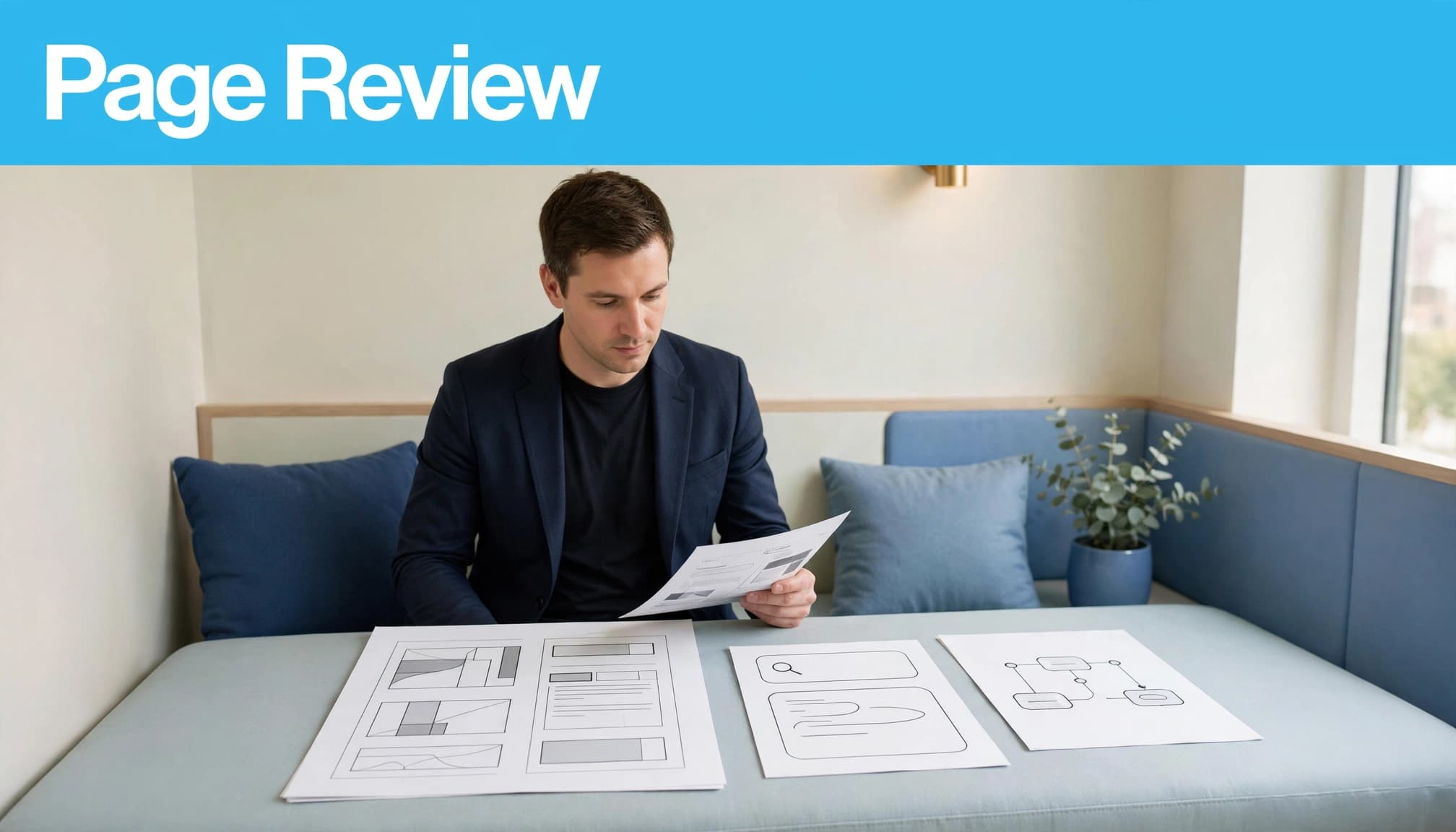 A marketer reviews a printed page beside a search panel and software diagram.