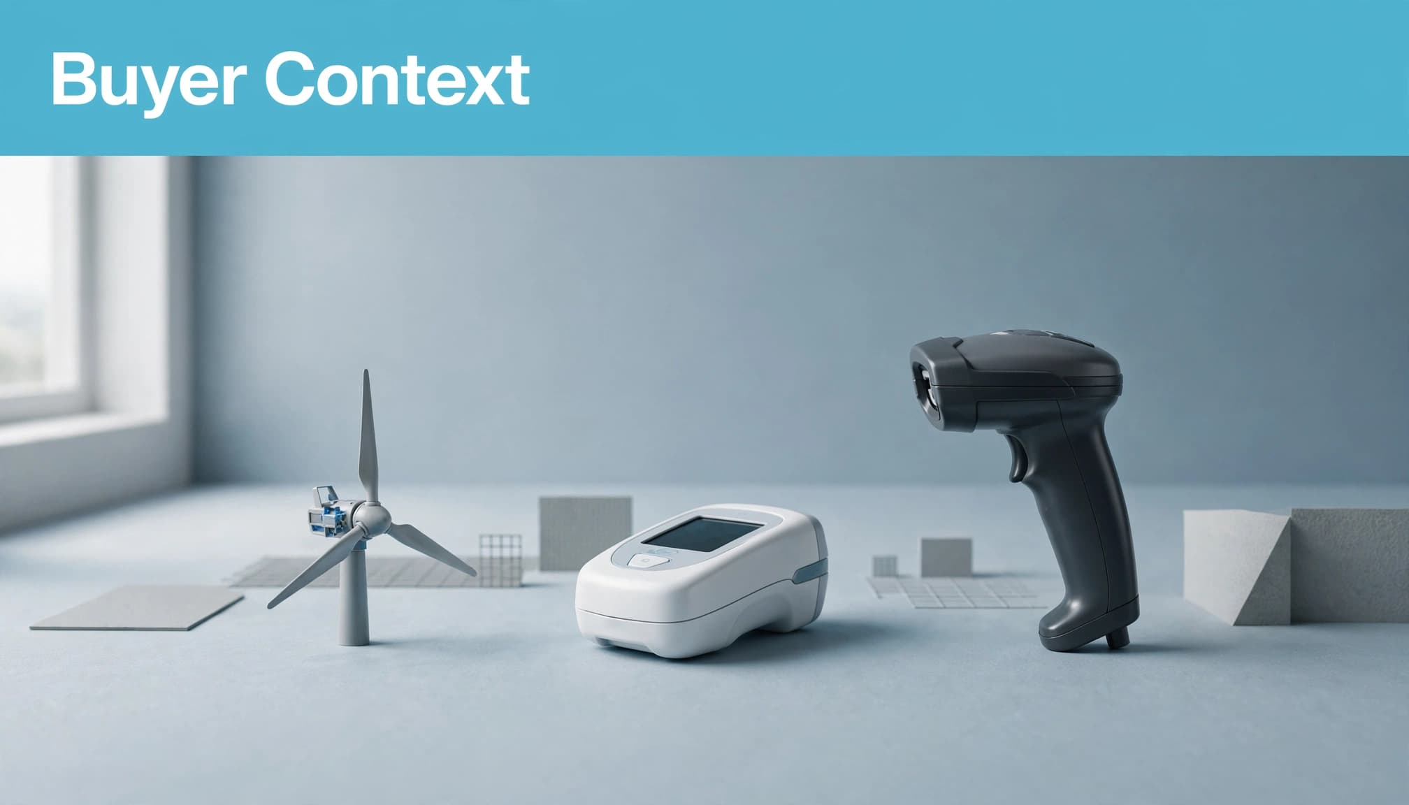 A wind turbine part, diagnostic instrument, and barcode scanner sit beneath a blue Buyer Context headline.