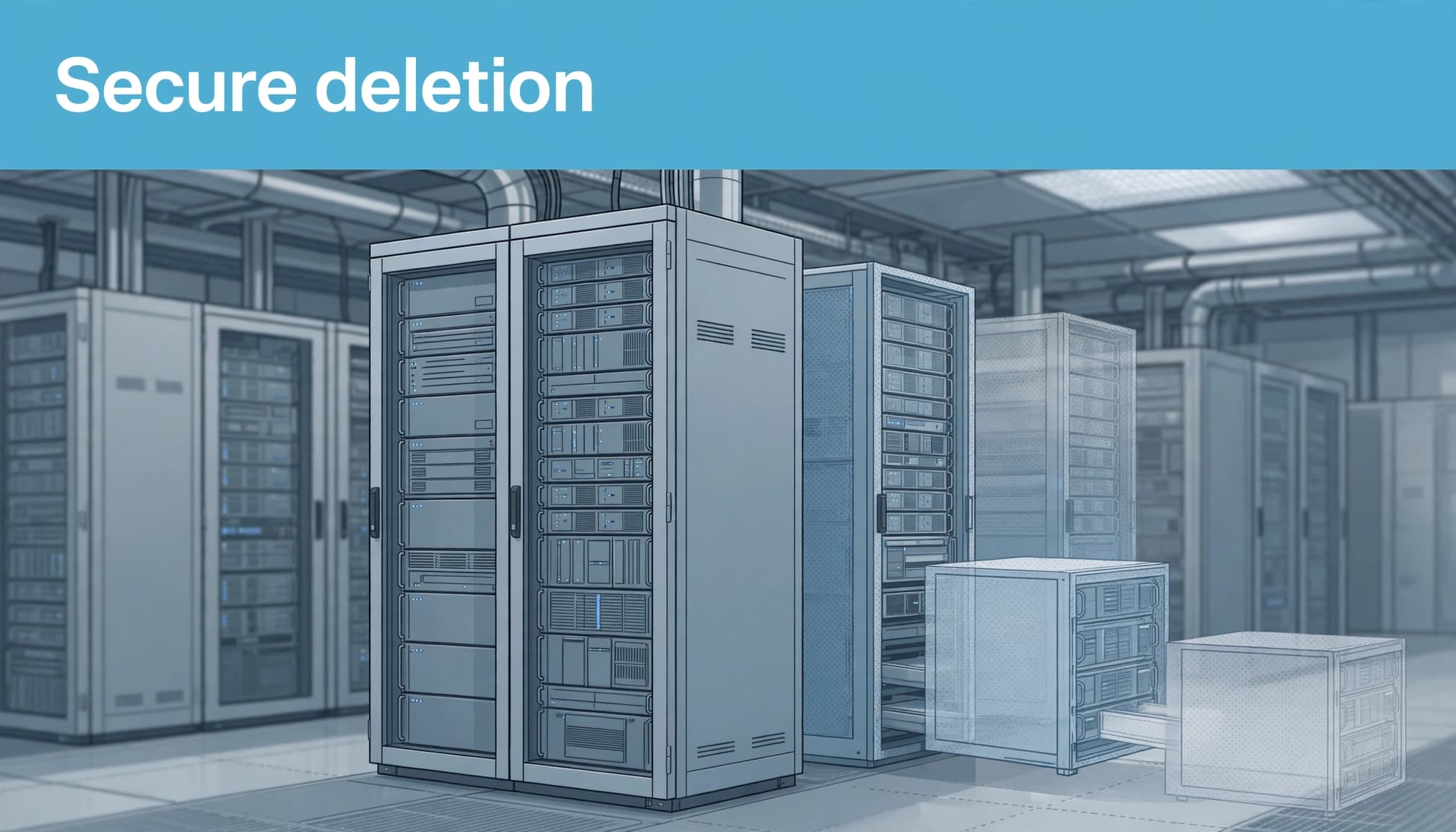 An illustration of a data center with servers and the headline text Secure deletion at the top.