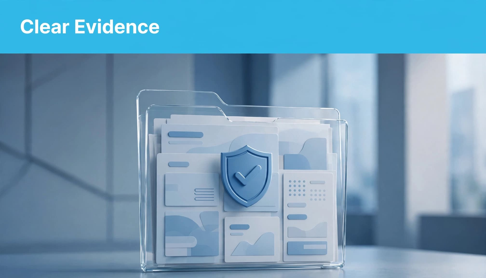 A glass folder with a shield seal and organized evidence cards beneath a blue headline strip.
