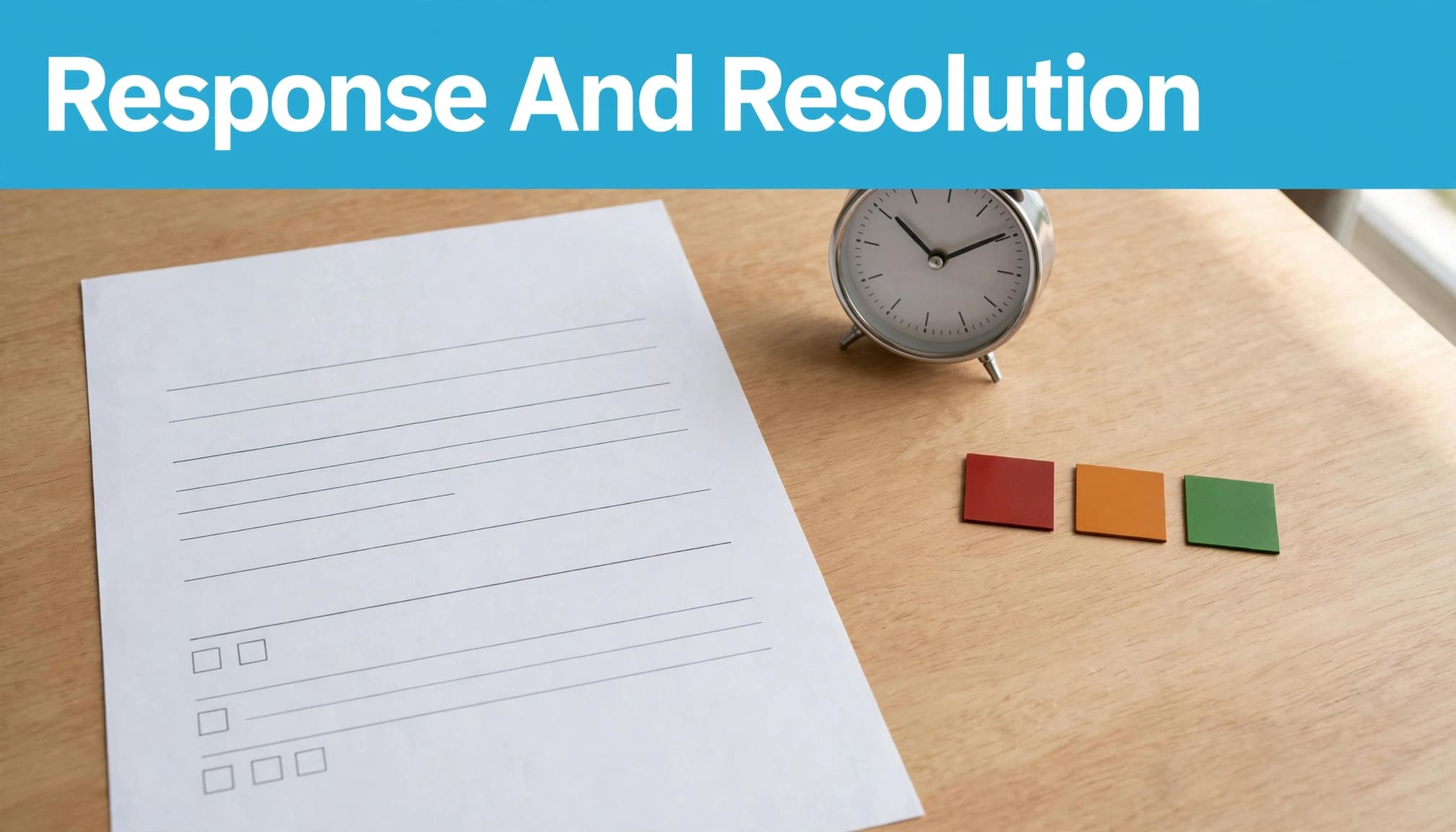 A service agreement page, small clock, and three colored squares on a meeting-room table.