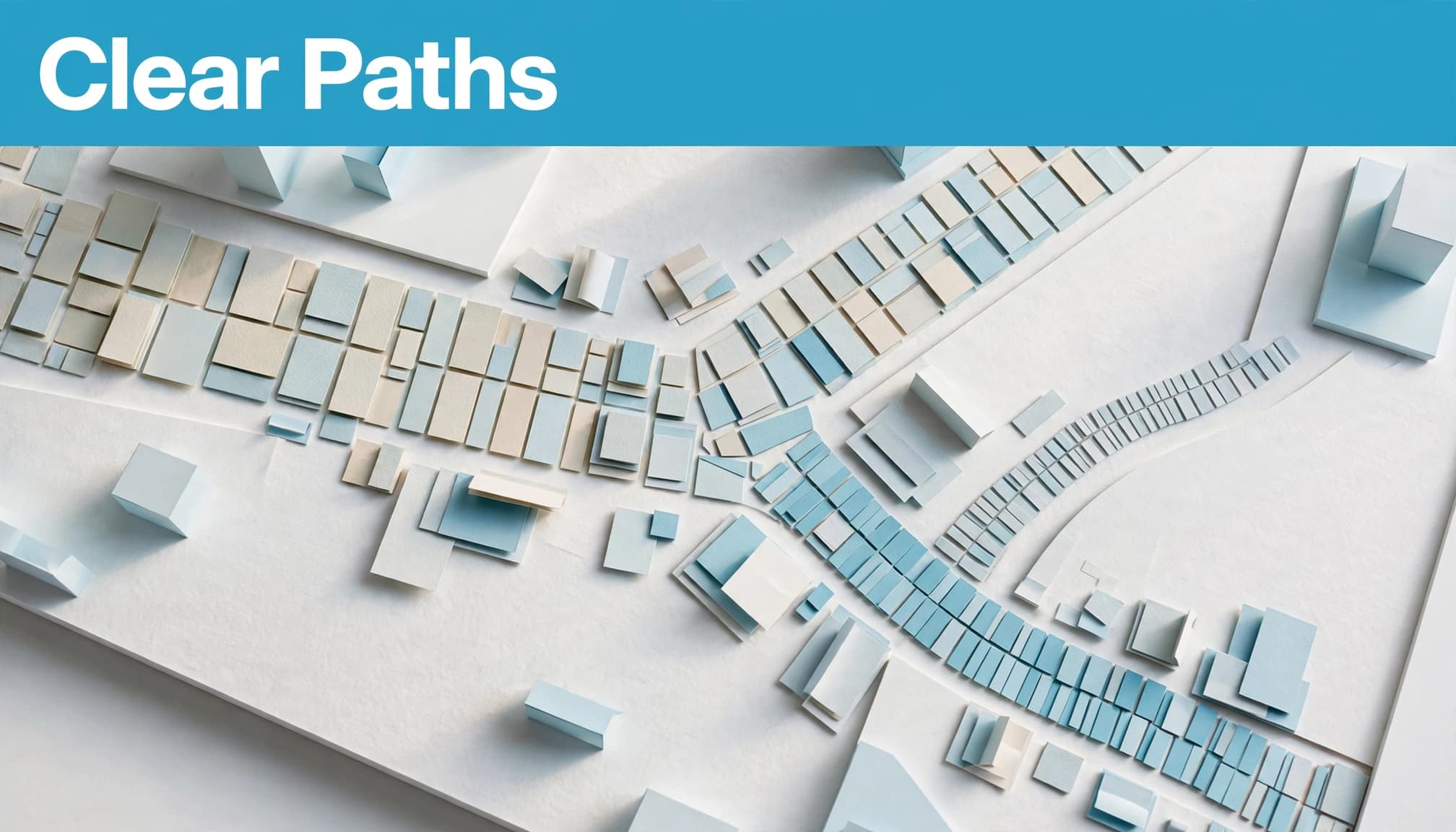 Blue pathways branch between page-like tiles, leading toward a specialist service.