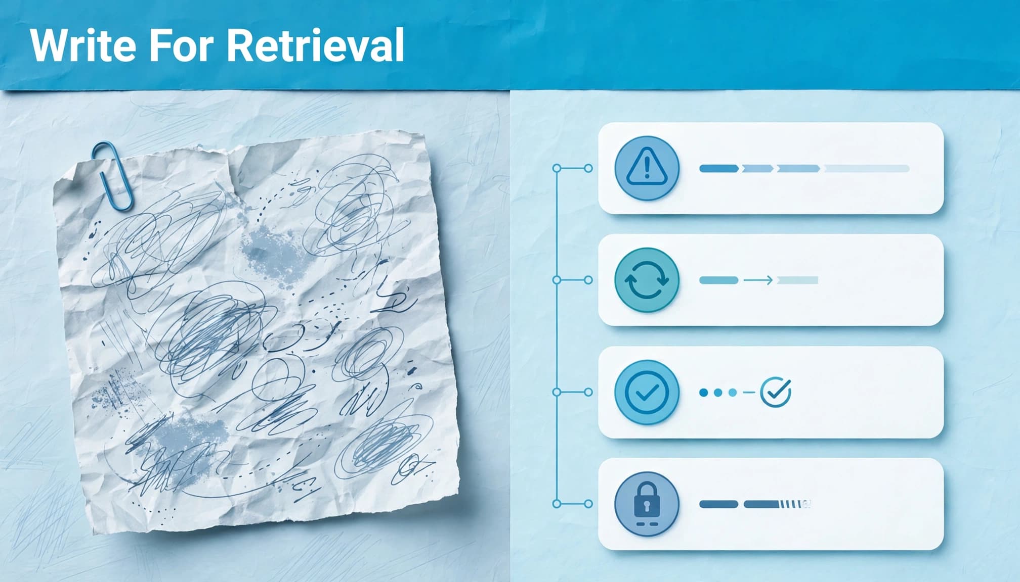 Editorial illustration with the headline Write For Retrieval contrasting a crumpled messy note with structured release cards.