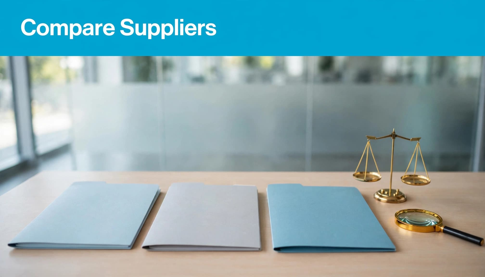 Vendor proposal folders, a balance scale, and a magnifying glass on a table with 'Compare Suppliers' text.