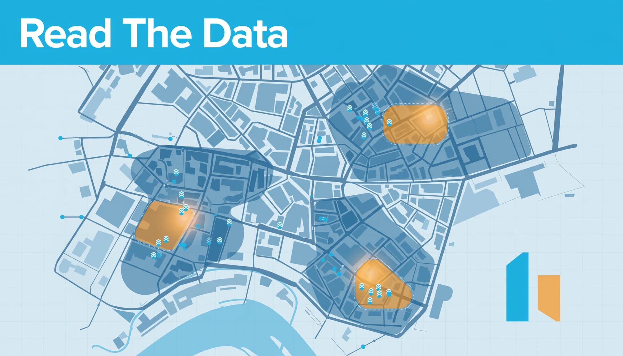 A map analytics graphic with the headline Read The Data shows highlighted zones and a bar comparison.