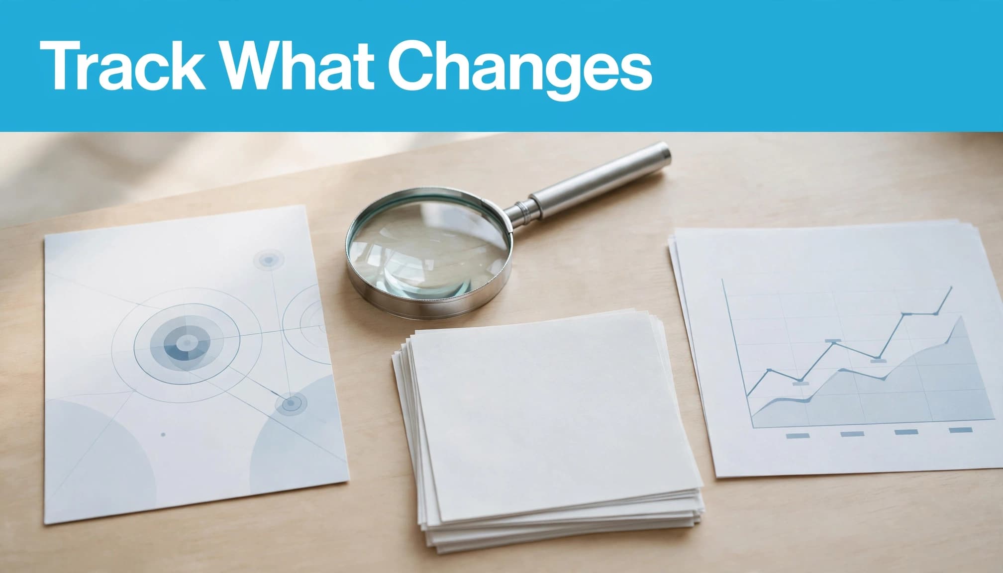 A magnifying glass, answer card, review pages, and chart sit on a tabletop.