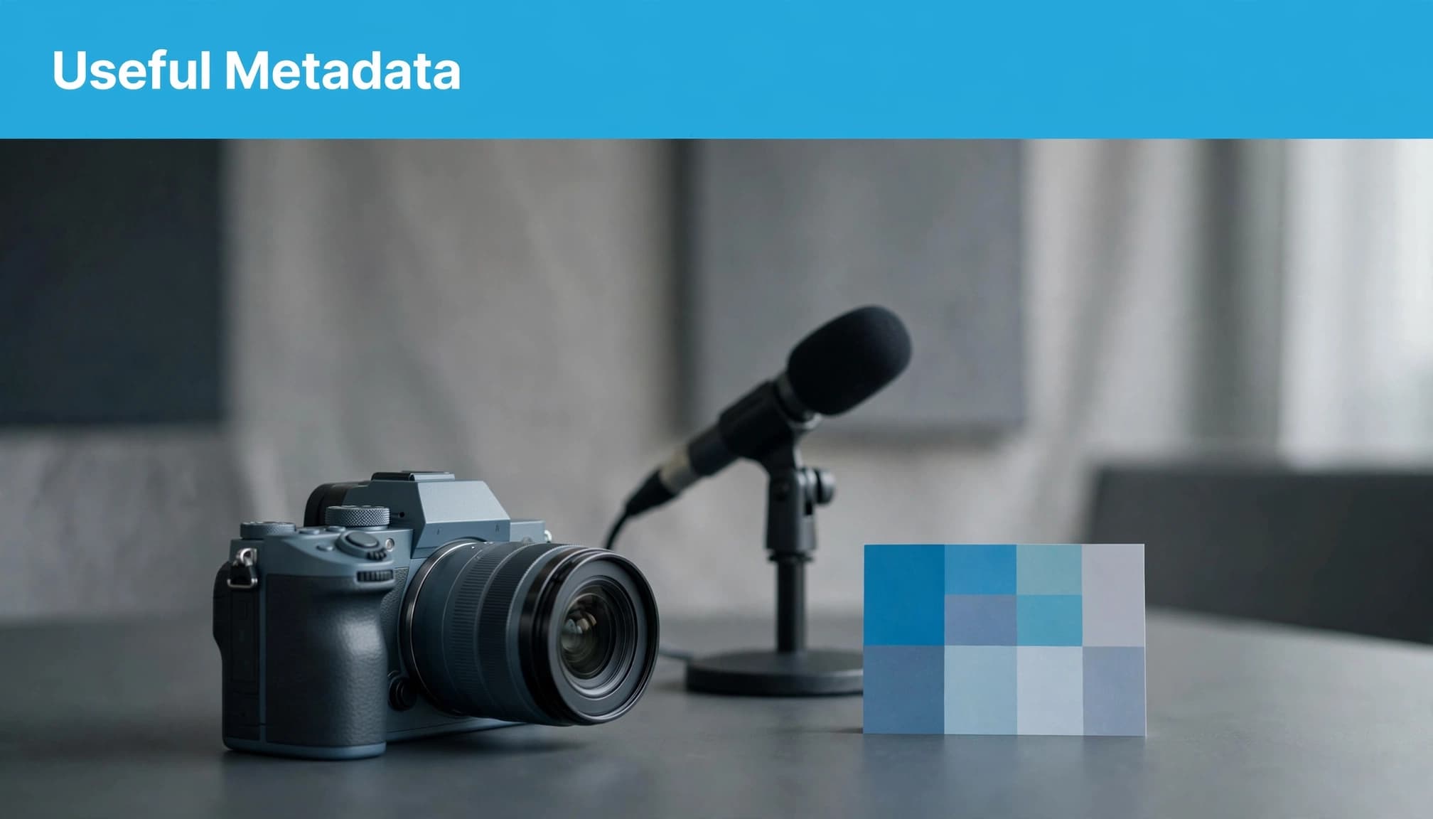 A camera and microphone face a studio set beneath a blue 